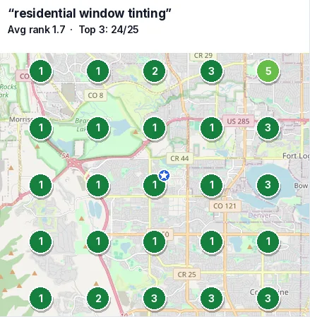 Google Maps ranking grid for residential window tinting: top 3 in 24 of 25 points, average rank 1.7